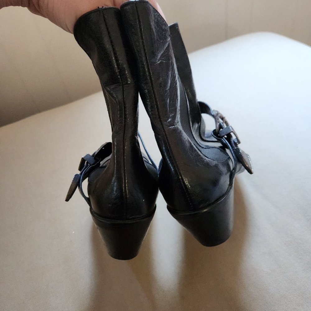ZARA Black Leather Ankle Western Buckle Stacked Heel Boots - Picture 4 of 6
